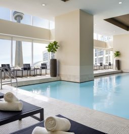 Indoor hotel pool with CN Tower view