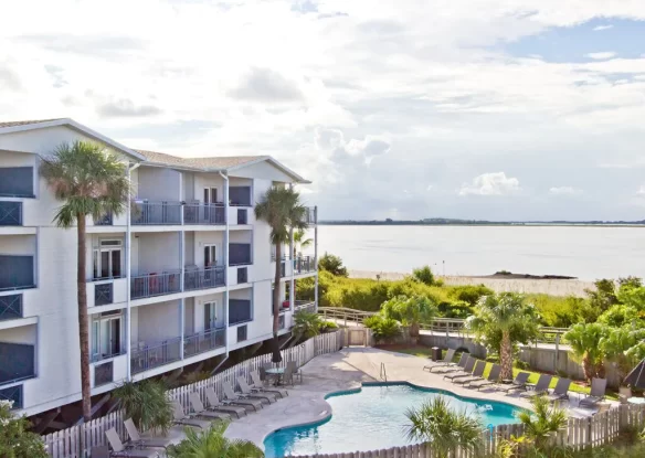 View from condo of pool and ocean